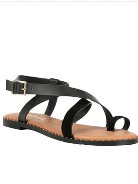 NEW Deltan Eva Black Leather Toe Loop Strappy Sandals Flat Sz 7